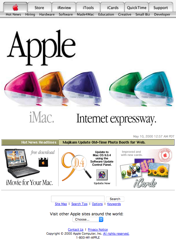Apple homepage with various iMac colors (2000)